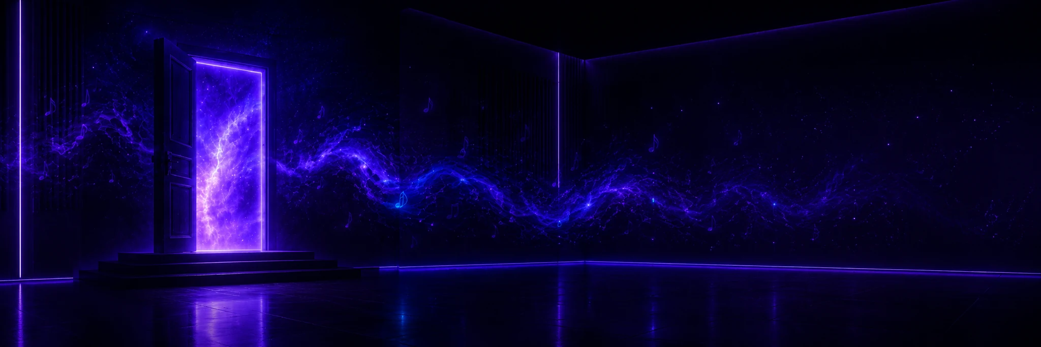 Purple illuminated instrumental portal and flowing musical energy